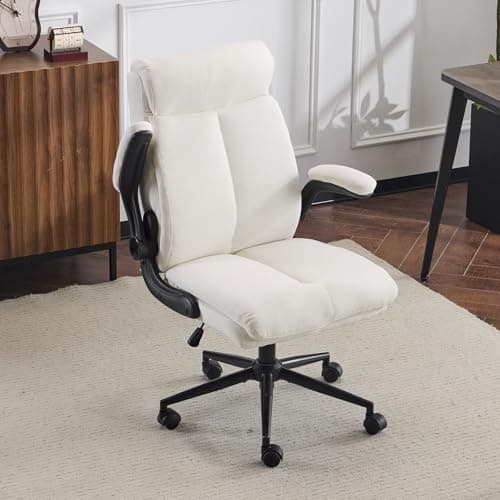 VINGLI Rolling Ergonomic Office Desk Chair with Padded Flip-up Arms, 360° Swivel High Back Executive Computer Task Chair with Wheels for Game,Home Small Space, Study Room, Reading Room, Linen White