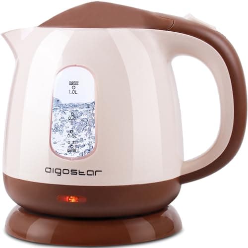 Aigostar Small Electric Kettle, 1L Portable Electric Tea Kettle 1100W with Automatic Shut-Off and Boil Dry Protection, Travel Hot Water Boiler Cordless for Making Coffee and Tea, BPA-Free, Brown