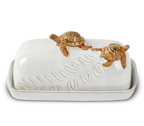 Turtle Stylish Ceramic Butter Dish Covered with Lid and Handle - Modern Countertop Butter Storage