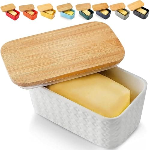 Hasense Butter Dish with Lid, Farmhouse Ceramic Butter Container for Countertop & Fridge, Airtight Silicone Sealing, White Embossed Pattern, Holds 2 Sticks of Butter, Dishwasher Safe