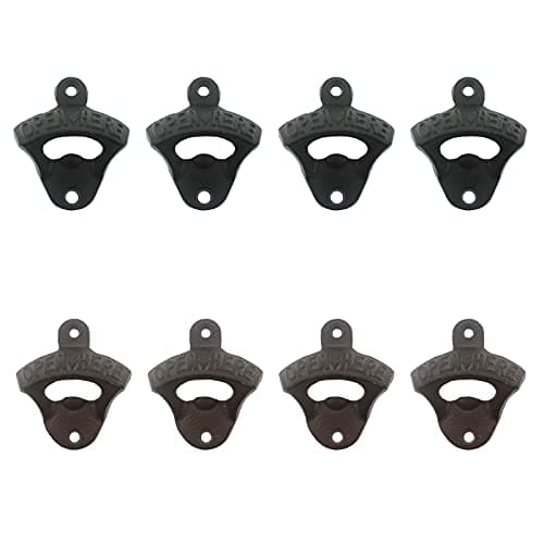 Luwanburg 8 PCS Cast Iron Beer Bottle Opener Wall Mounted Bottle Cap Opener Open Here Black and Brown