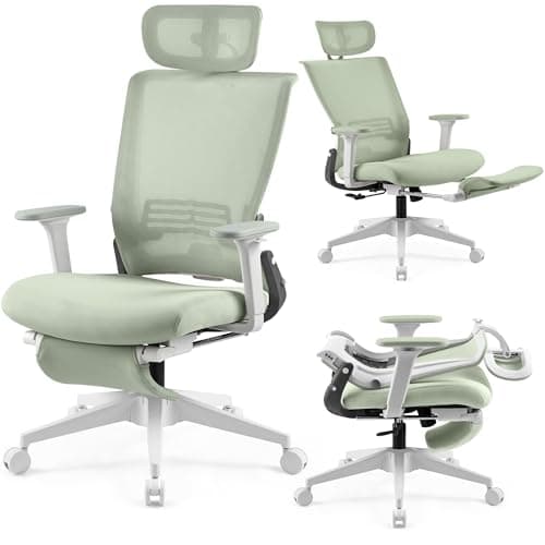 Foldable Office Chair with Foot Rest, Ergonomic Office Chair with Adjustable Lumbar Support, Headrest, Armrest, Home Office Desk Chair for Space Saving, Work from Home, Green