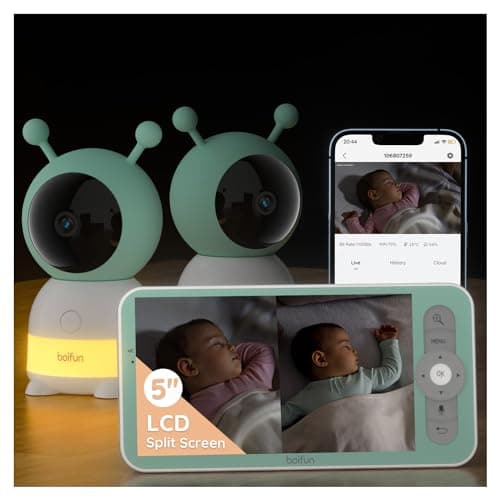 BOIFUN 2K Split-Screen 5 Inch Wi-Fi Baby Monitor With 2 Cameras, Colorful Night Light, AI Motion & Sound & Humidity & Temp Detection, Auto Tracking Via Smartphone App And Monitor Control, Night Vision