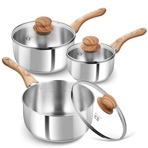 KOCH SYSTEME CS Stainless Steel Saucepan Set, 6 Piece Stainless Steel Pot 1QT & 2QT & 3QT with Heat-resistant Bakelite Handle, Tri-ply Base Pots, Sauce Pan Induction Ready, Pot Set 6PCS