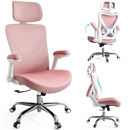 Ergalithic Ergonomic Office Chair-Computer X-Shaped Chair Mesh PU Leather with Adjustable Lumbar Support-Executive Desk Chair High Back with Headrest Flip-Up Arms for Long Hours (Pink)