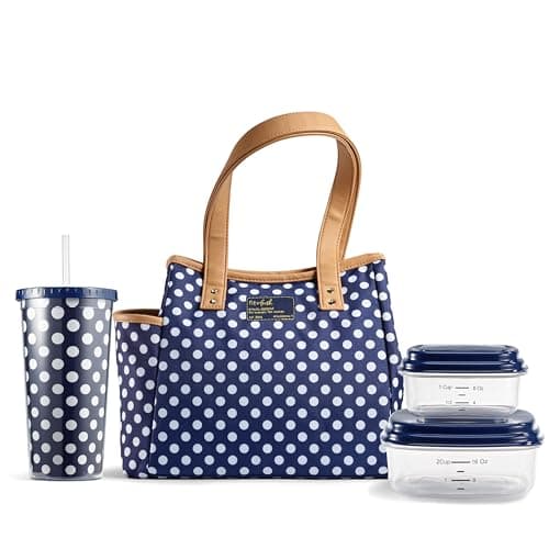 Fit & Fresh Lunch Bag For Women, Insulated Womens Lunch Bag For Work, Leakproof & Stain-Resistant Large Lunch Box For Women With Containers and Matching Tumbler, Zipper, Westerly Lunch Bag, Navy Dot
