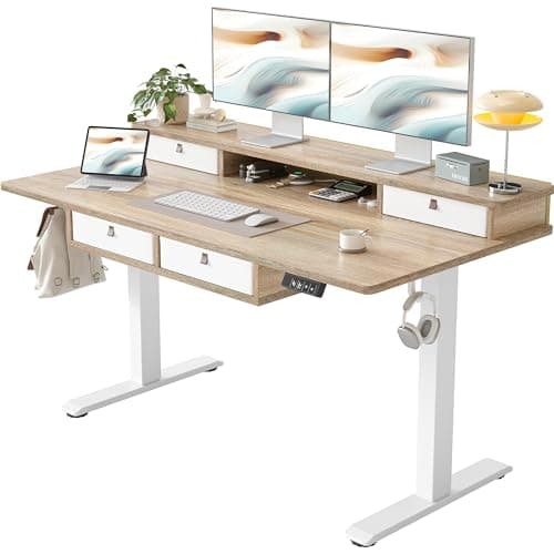 TIQLAB Standing Desk with Four Drawers, Stand Up Standing Desk Adjustable Height, Electric Sit Stand Table with Storage Shelf and Splice Board, 55 * 28 inch, Maple