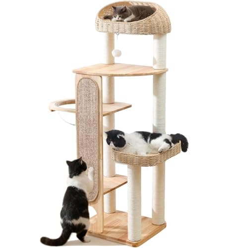 59-inch Cat Tree,Cat Tower with Scratching Post,Extra Long Sisal Blanket, Handwoven Basket & Space Capsule Nest