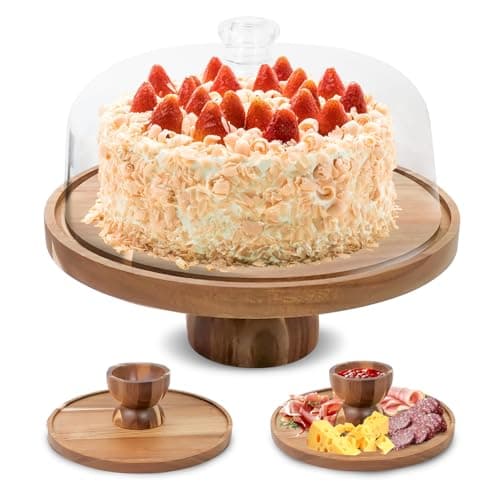 Acacia Wood Cake Stand with Lid - 12in Cake Stand with Dome,2 in 1 Charcuterie Board for Cheese, Chips, Fruit Platter, Large Acrylic Cake Dome Cover
