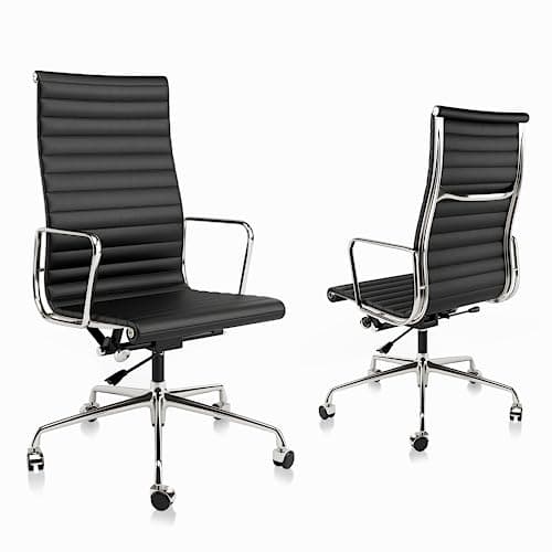 Ribbed Office Chair with Top Grain Leather - High Back Ergonomic Desk Chair with Aluminum Arms & Frame, Swivel Wheels & Tilt Function, Adjustable Height