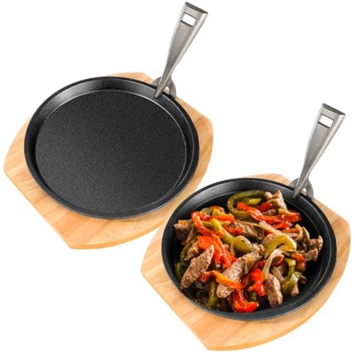 Mimorou 2 Set 8.7 Inch Cast Iron Fajita Plate Set with Wooden Base Anti Scald Protection Removable Handle Fajita Plate Sizzling Pan Cast Iron Skillets Sets for Home Restaurant Kitchen BBQ Cooking