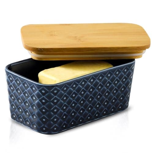 Tikooere Ceramic Butter Dish with Lid,Large Butter Container with Airtight Cover for Countertop or refrigerator,Farmhouse Butter Holder for Kitchen Gifts,Dishwasher Safe,Navy Blue Embossed Pattern