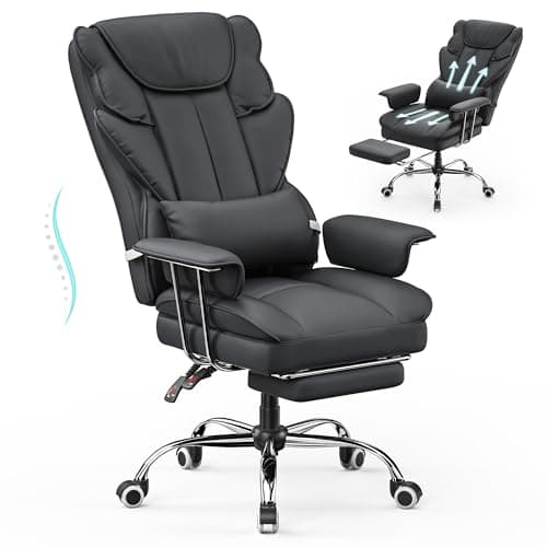 PatioPerk Big and Tall Office Chair with Footrest - Ergonomic PU Leather Executive Desk Chair, Adjustable Lumbar Support Pillow and Easy and Clean Design (Jet Black)