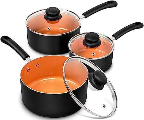 MICHELANGELO Nonstick Sauce Pan with Lid 1QT, 2QT & 3QT, Ceramic Saucepan Set, Copper Sauce pans, Non-Toxic Saucepan, Multipurpose Cooking Pots Set For Home Kitchen, Compatible induction