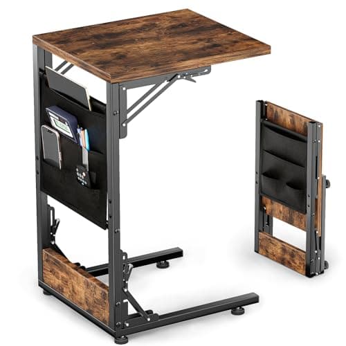 Kufutee Folding TV Tray Table, Small Folding Side Table with Storage Bag, Portable C Shaped End Stand for Couch Sofa Bed, Rustic Brown
