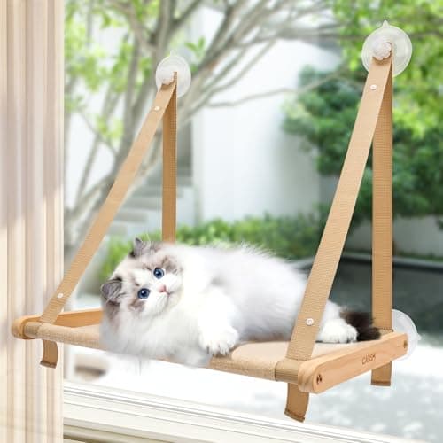 CATISM Cat Window Perch - Foldable Cat Hammock for Window, Soft Seat Machine Washable, Solid Wood Frame, 4 Suction Cups, Cats Window Hammock Load Weight Up to 40lbs