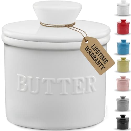 PriorityChef French Butter Crock with Lid, Keep Butter Spreadable & Fresh, Butter Keeper to Leave On Counter, French Butter Dish Perfect for Bread and Toast, Ideal Kitchen Gift, White