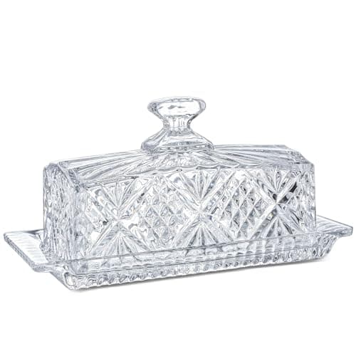 Crystal Covered Butter Dish,8inch Classic Glass 2-Piece Design Butter Keeper with Lid | Butter Holder | Dishwasher Safe