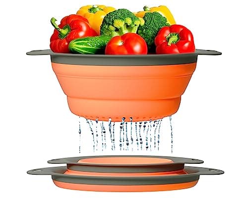 Ultimate Kitchen Strainers Set of 2 - Collapsible Silicone Colander For Easy Storage by Comfify - Use with Pasta & Veggies or as a Fruit or Berry Bowl with Strainer - Irreplaceable for Campers - Coral