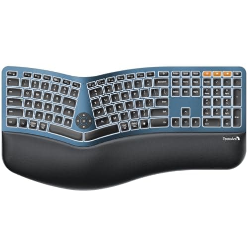 ProtoArc Backlit Bluetooth Ergonomic Keyboard, EK01 Plus Full Size Wireless Split Keyboard with Dual Bluetooth and USB, Cushioned Wrist Rest, Rechargeable, Compatible with Windows/Mac/Android, Blue