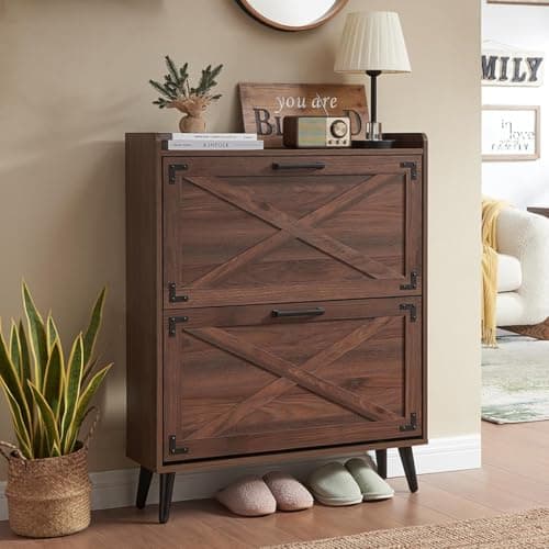 Barnyatoh Shoe Storage Cabinet,Farmhouse Shoe Organizer with 2 Flip Drawers & Barn Door Design,Freestanding Hidden Slim Narrow Shoe Rack Cabinet for Entryway,Foyer,Hallway,Walnut