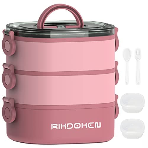 RIKDOKEN Lunch Box, Stackable 3 Layers Containers, Portable 94OZ Large Capacity Leakproof Bento Box with Spoon & Fork & Sauce Boxes, Microwave Safe Lunch Box for Kids and Adults