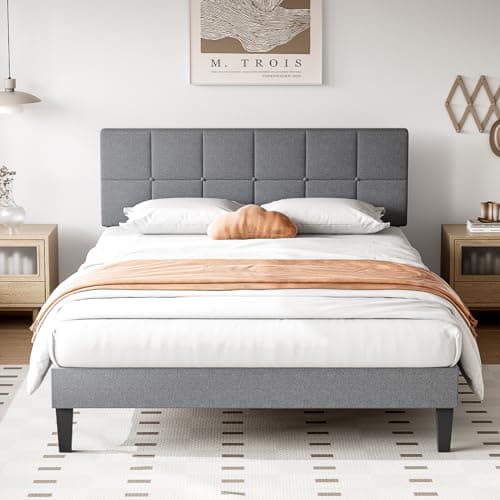Sweetcrispy Full Platform Bed Frame with Headboard, No Box Spring Needed, Linen Upholstered Bed Frame with Wood Slats Support, Noise Free, Perfect for a Peaceful Night's Sleep, Grey