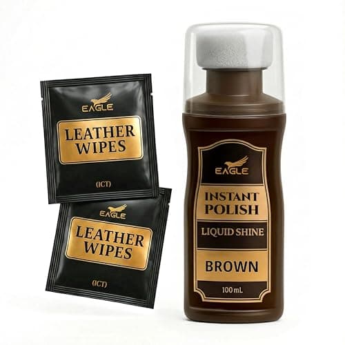 Eagle Brown Liquid Shoe Polish for Shoes & Boots - Instant Shine Leather Polish with Built-In Sponge Applicator & 2 Cleaning Wipes | Cleans, Conditions & Restores Shine in Seconds