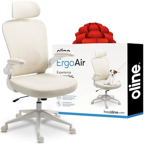 Oline ErgoAir Ergonomic Office Chair – Adjustable Lumbar Support, Flip-Up Armrests, Mesh Computer Desk Chair, Swivel Rolling Executive Gaming Chair for Home & Office (Beige)