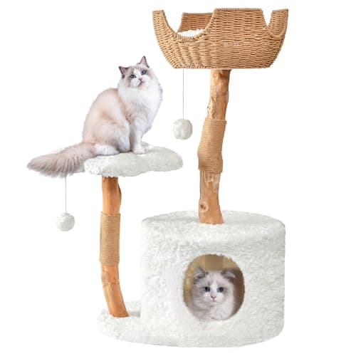 Easyego Modern Cat Tree, 39.3" Aesthetic Wood Cat Tree Tower for Large Cats, Luxury Cat Condo with Scratching Posts and Flower Platforms, Cat Furniture, White