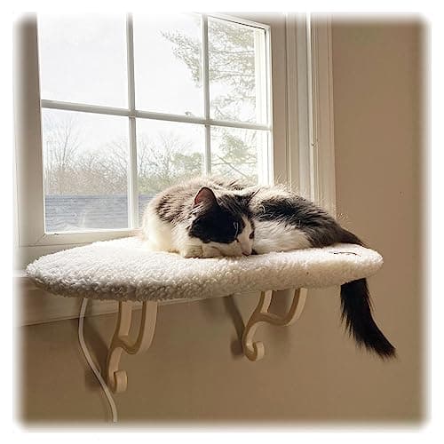 K&H Pet Products Kitty Sill Heated Cat Window Perch for Large Cats, Orthopedic Window Hammock Bed Holds 40LBS, Washable Cover, Kitty Windowsill Bed Seat for Indoors - Cream Fleece, Heated, 14 X 24in