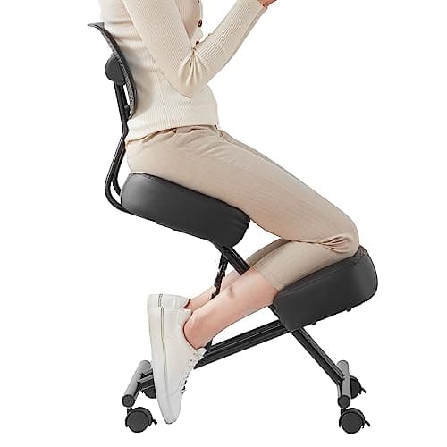 SOMEET Ergonomic Kneeling Chair with Back Support, Kneeling Desk Chair for Home Office with Brake and Gliding Casters, Adjustable Posture Chair with High Back for Desk to Relieve Back Pain, Black PU