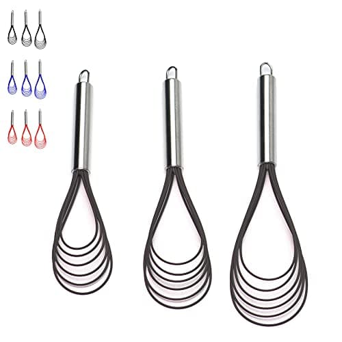 Flat Whisks Stainless Steel,3 Pack 10''+11''+12'' Set Premium Sturdy-6 Silicone Heads Non Stick Wires Whisk for Blending Beating Stirring Kitchen Cooking Color Grey by Jell-Cell