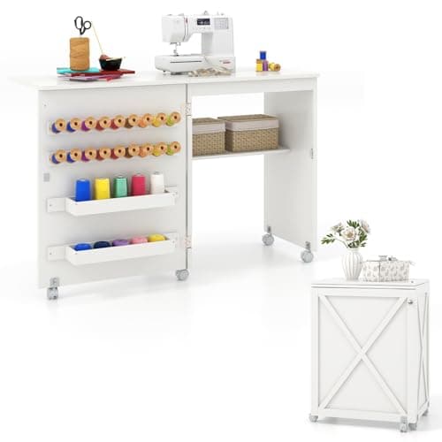 Giantex Folding Sewing Table - Farmhouse Sewing Machine Cabinet with Barn Door, 18 Pegs, 2 Storage Trays, Craft Station Side Desk Cart on Lockable Wheels (White, 46''L x 16''W x 30''H)