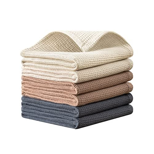 QUILTINA Dish Towels Set,100% Cotton Waffle Weave Kitchen Towels 6 Pack,17 x 25 Inches Dish Towels for Kitchen,Super Absorbent for Drying and Cleaning (Beige, Brown, Dark Grey)