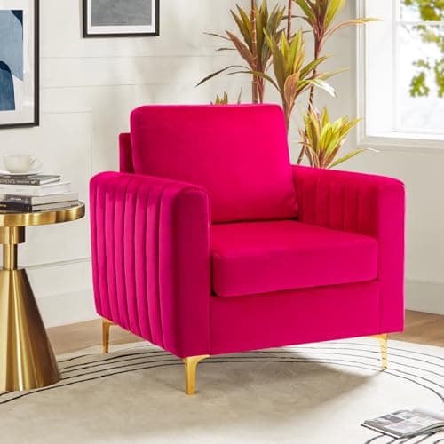 HULALA HOME Velvet Accent Club Chair, Modern Velvet Armchair with Gold Metal Legs Upholstered Barrel Leisure & Reading Armchair, Fuchsia