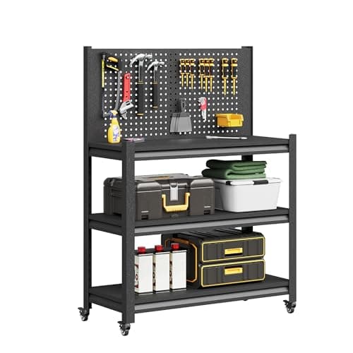 TOPASS Workbench with Pegboard, Adjustable Heavy Duty Work Table with Wheels, Heavy Duty Workstation, Metal Tool Work Bench for Garage Warehouse Workshop, 48" H x 18" D x 34" W, Black