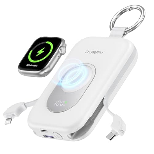 RORRY Portable Charger, 20000mAh PD 30W Portable Charger Power Bank with 2 Built-in Cables, Super Fast Charging Battery Pack with Keychain, Travel Essentials for iPhone, Apple Watch, iPad, White