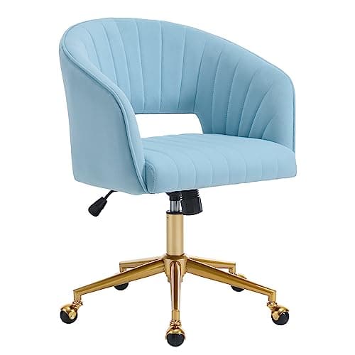 Home Office Chair Swivel Velvet Desk Chair Accent Armchair Upholstered Modern Tufted Chairs with Gold Base for Girls Women Ergonomic Study Seat Computer Task Stools for Living Room(Blue)