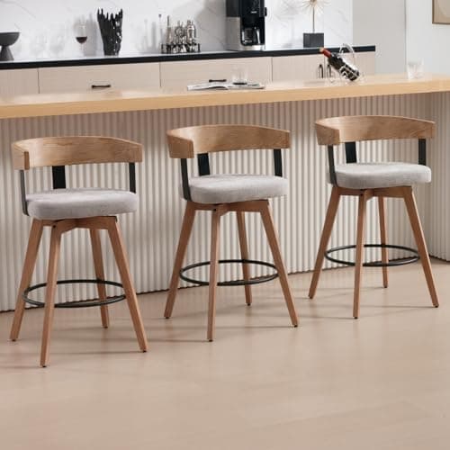 DUOMAY Modern Grey Linen Upholstered 360-Degree Swivel Bar Stool Set of 3 - 26" Counter Height with Footrest & Backrest - Ideal for Kitchen Island & Home Bar