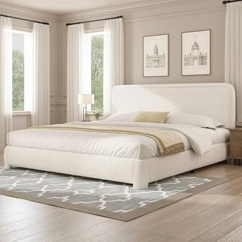 BarnFurin King Bed Frame and Headboard, Cloud Boucle Upholstered Platform Bed Frame, Modern Style, Soft Rounded Corners, No Box Spring Required, Easy Assembly, Beige