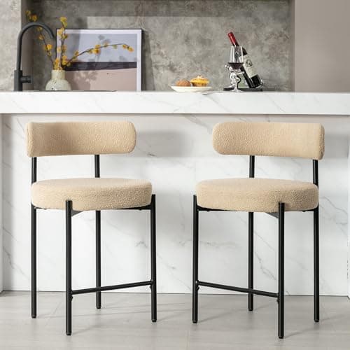 Locus Bono 24'' Boucle Counter Stools Set of 2, Beige Bar Stools With Backs, Kitchen Island/Counter Height Bar Stools