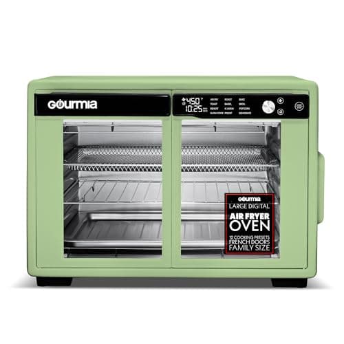 Gourmia French Door Air Fryer Oven - 37 Qt Large Capacity Convection Toaster Oven, FryForce 360°, Digital Display, 12 Cooking Presets, Dehydrate, Fits 13” Pizza, Dishwasher-Safe, Green