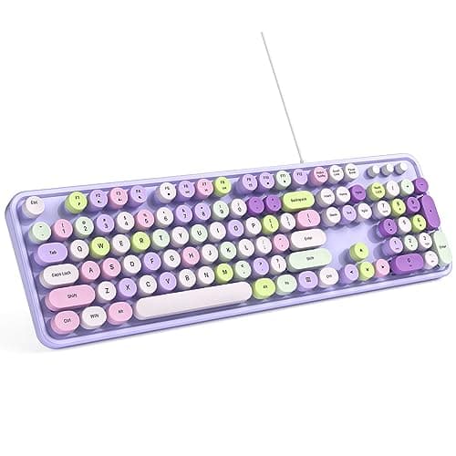 MOWUX Computer Keyboard Wired, Plug and Play USB Retro Round Typewriter Keyboard, Full Size Wired Keyboard with Foldable Stands for Laptop and Office PC- Purple Colorful