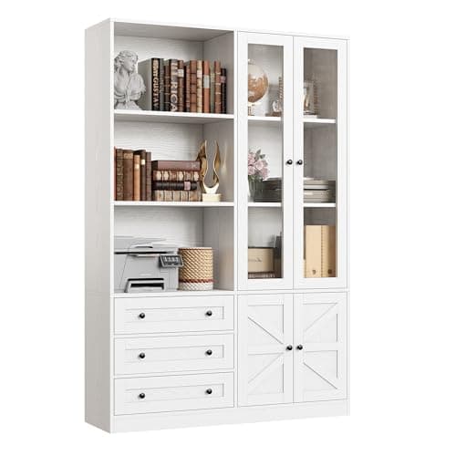 IRONCK Bookshelf with Drawers, 70.63 inch Tall Bookcase with Farmhouse Doors, 6 Tiers Book Shelf with Acrylic Doors, Bookshelves and Bookcases for Home Office, Living Room, Bedroom, White