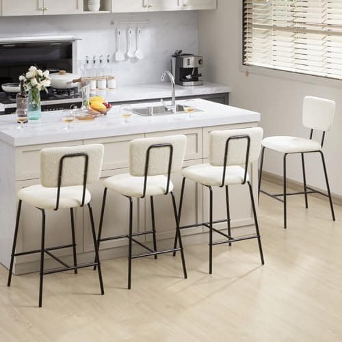 Bar Stools Set of 4 Counter Height Bar Stools : Upholstered Boucle Fabric Bar Stool for Kitchen Bistro Pub Armless Modern Bar Chair with Metal Base for Dining Room Kitchen Island