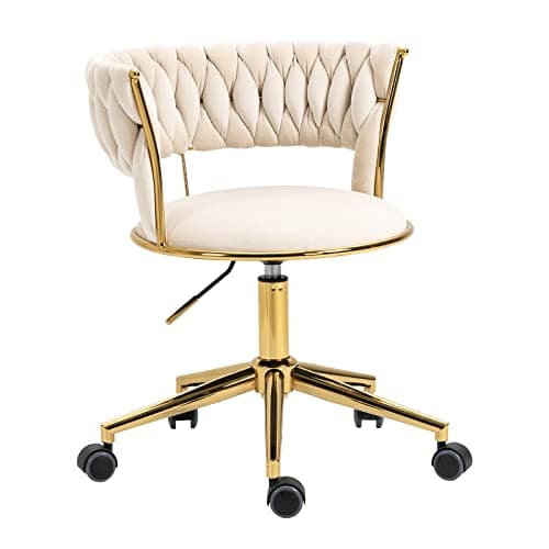 NIOIIKIT Velvet Office Desk Chair with Hand Woven Backrest, 360° Swivel & Height Adjustable Task Chairs, Makeup Chair, Living Room Chairs with Stainless Base and 5 Wheels (Ivory)