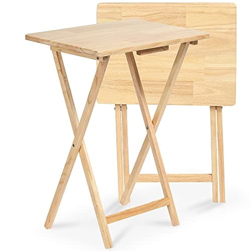 PJ Wood Rectangle Folding Portable TV Snack Serving Tray Table, Solid Wood Construction with Natural Finish, Natural, 2 Piece Set