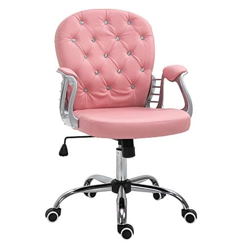Vinsetto PU Leather Home Office Chair, Button Tufted Desk Chair with Padded Armrests, Adjustable Height and Swivel Wheels, Pink