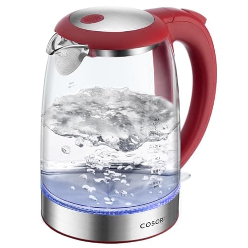 Cosori Electric Kettle, No Plastic Filter & Spout, Tea Kettle & Hot Water Boiler For Coffee & Tea, Water Heater & Teapot, Automatic Shut Off, Borosilicate glass, Red, 1.7L/1500W
